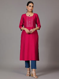 Libas Round Neck Yoke Design Three Quarter Sleeves Thread Work Kurta
