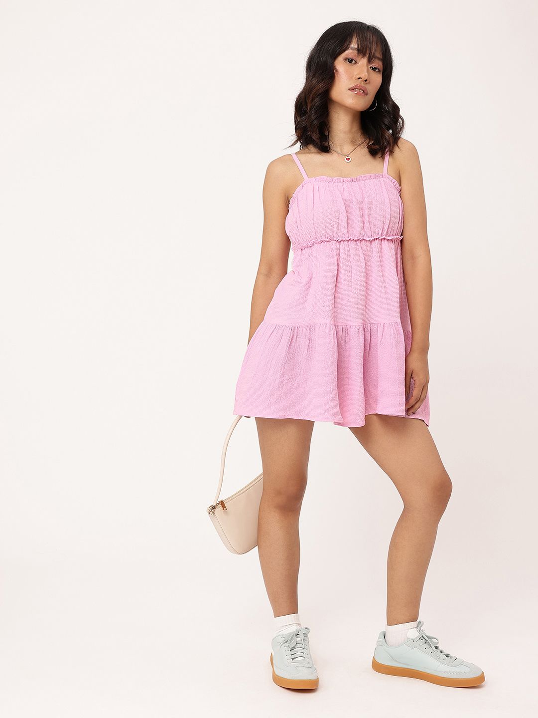 DressBerry Cute Chic Seersucker Ruched Flared Hem Tiered Mini Dress