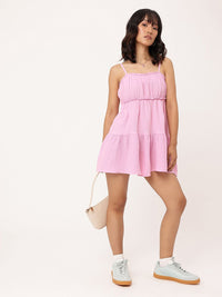 DressBerry Cute Chic Seersucker Ruched Flared Hem Tiered Mini Dress