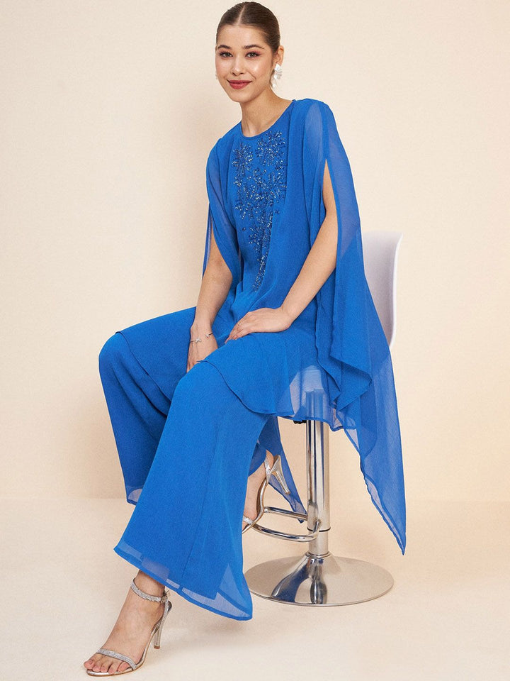 Antheaa Blue Embellished Tunic With Palazzos Co-Ords