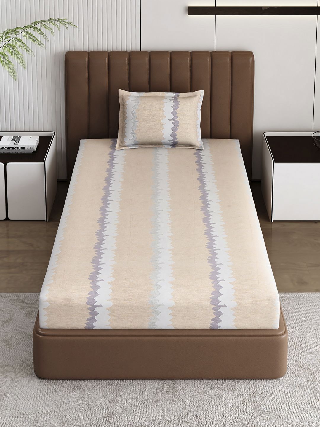 Monte Carlo Pixel Beige & Grey Printed 120 TC Single Bedsheet Set 1.52 m x 2.30 m