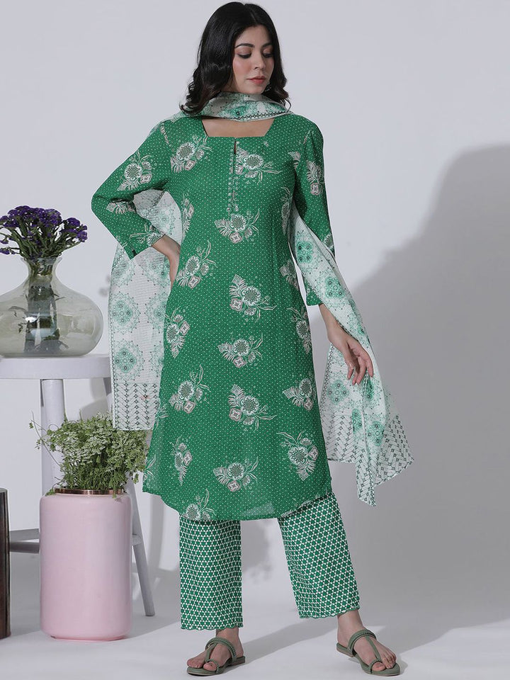 W Floral Printed Regular Mirror Work Straight Kurta with Trousers & With Dupatta