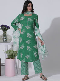 W Floral Printed Regular Mirror Work Straight Kurta with Trousers & With Dupatta