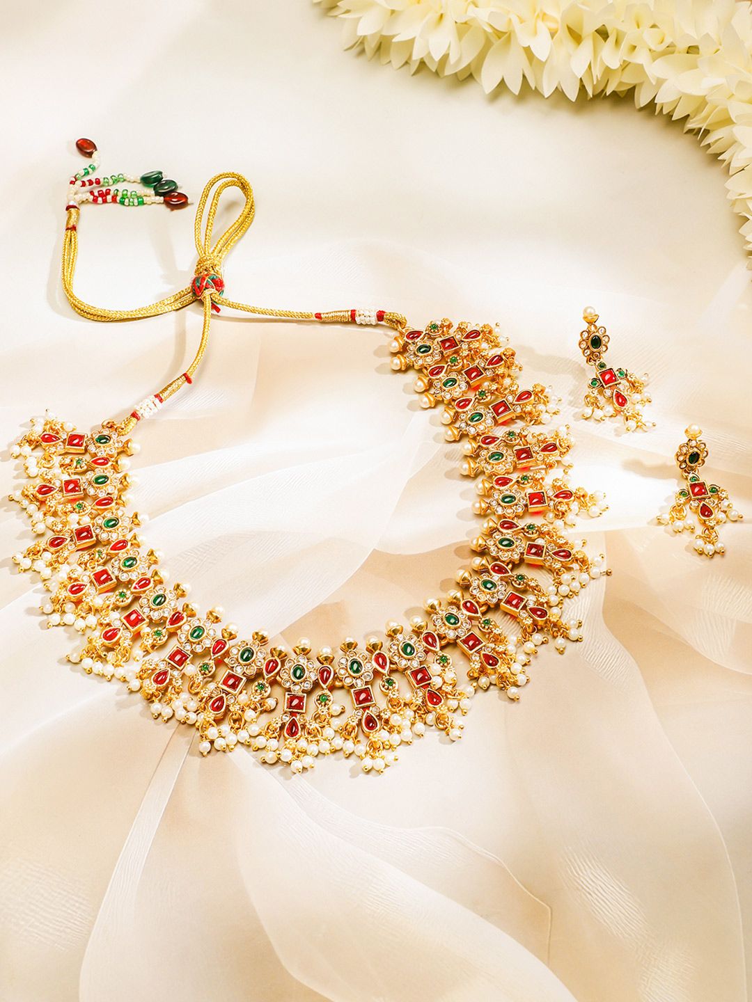 Rubans 24K Gold Plated Handcrafted Ruby & Emerald Studded & Pearl Beaded Jewellery Set
