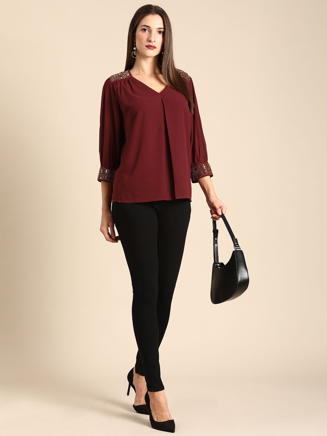 all about you Women Maroon Studded Regular Top