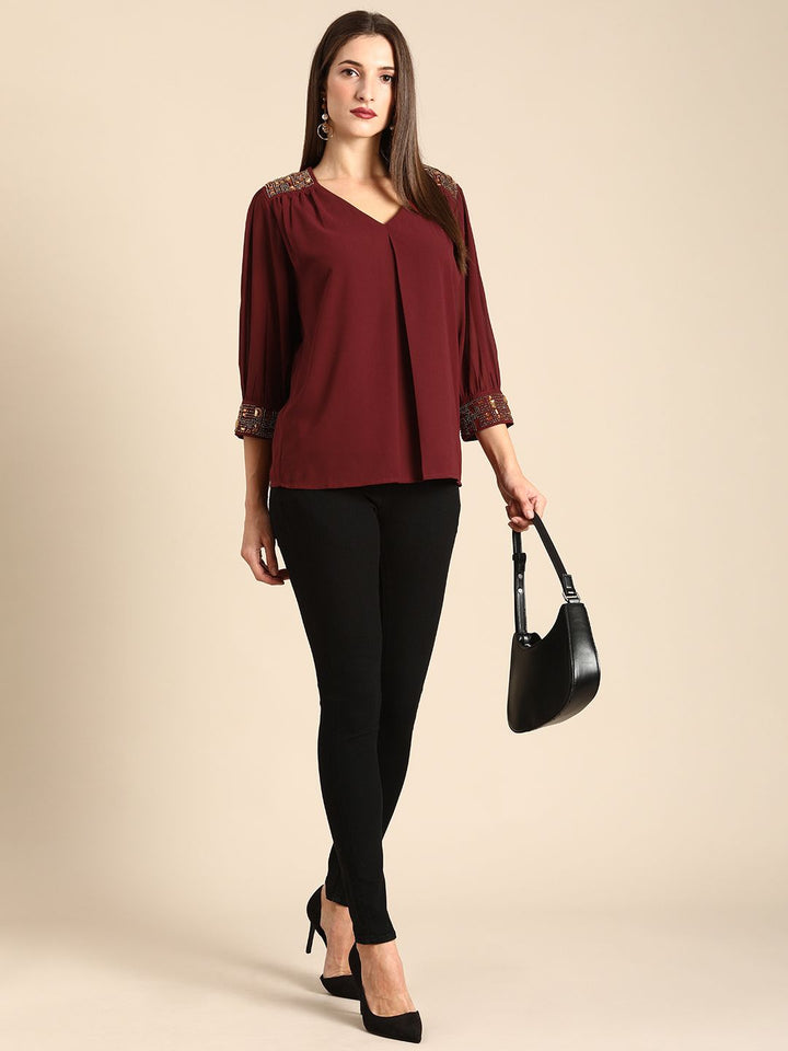 all about you Women Maroon Studded Regular Top