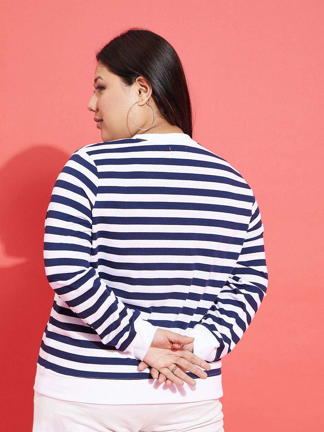 SASSAFRAS Curve Navy Blue Plus Size Striped Pullover Sweatshirt