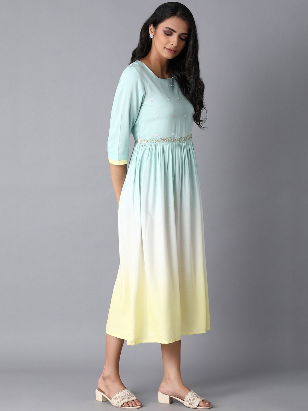 W Women Blue & Yellow Colourblocked Empire Dress