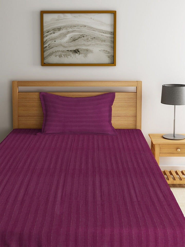 HOSTA HOMES Purple Striped 260 TC Cotton 1 Single Bedsheet with 1 Pillow Cover