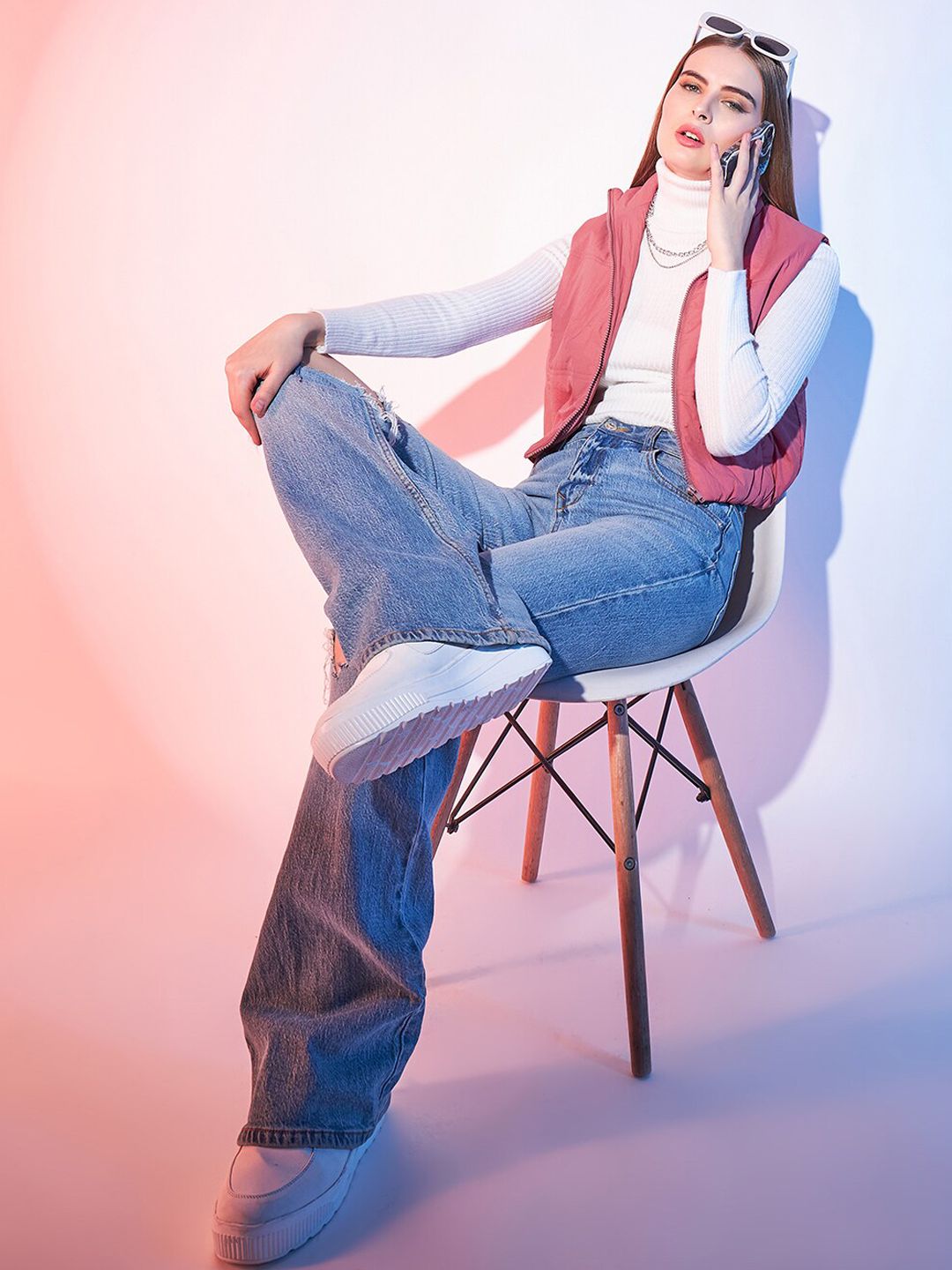 STREET 9 Pink Stand Collar Lightweight Sleeveless Crop Puffer Jacket