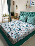 KLOTTHE White & Blue Printed 300TC Dilengkapi Cadar King Double Dengan 2 Sarung Bantal