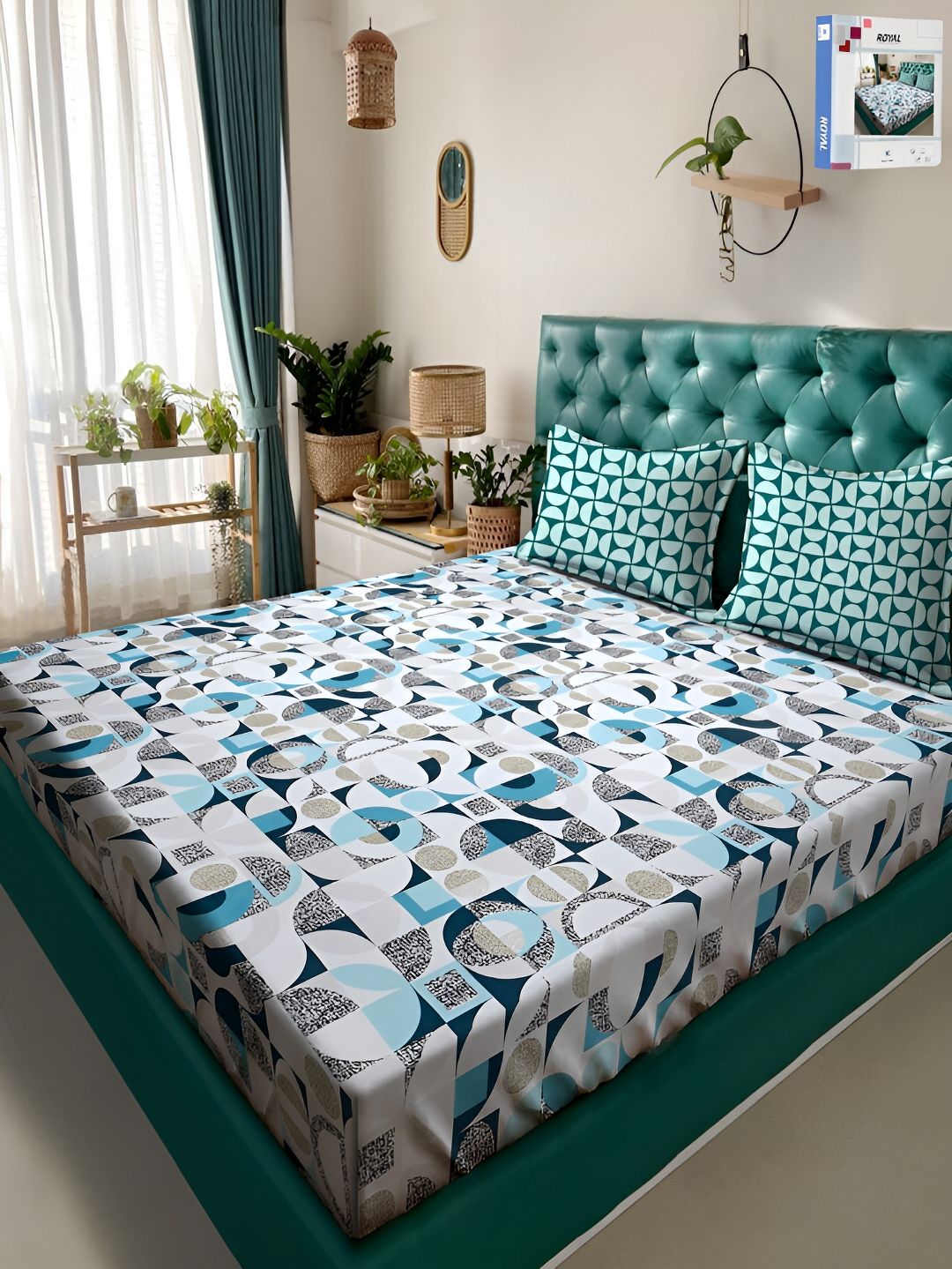 KLOTTHE White & Blue Printed 300TC Dilengkapi Cadar King Double Dengan 2 Sarung Bantal