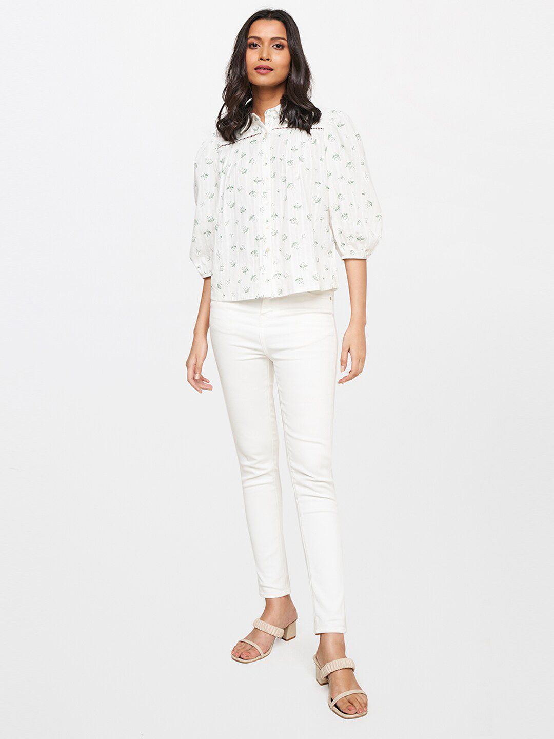 AND White & Green Floral Printed Shirt Style Top