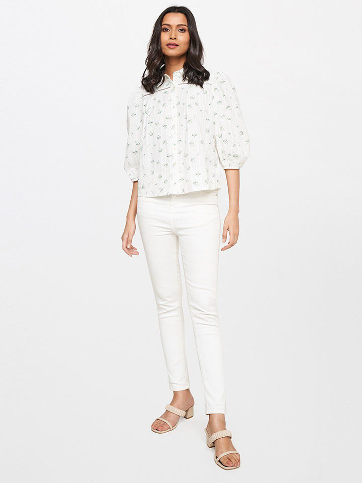 AND White & Green Floral Printed Shirt Style Top
