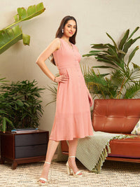 SASSAFRAS Peach-Coloured Self Design Georgette A-Line Midi Dress
