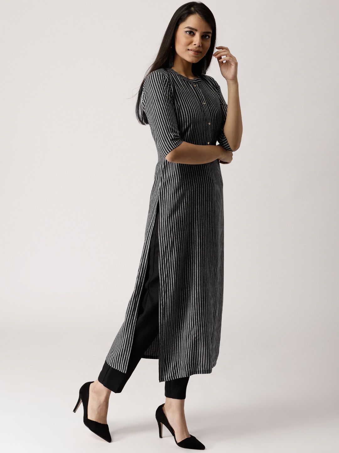 Libas Women Black & Grey Striped Straight Kurta