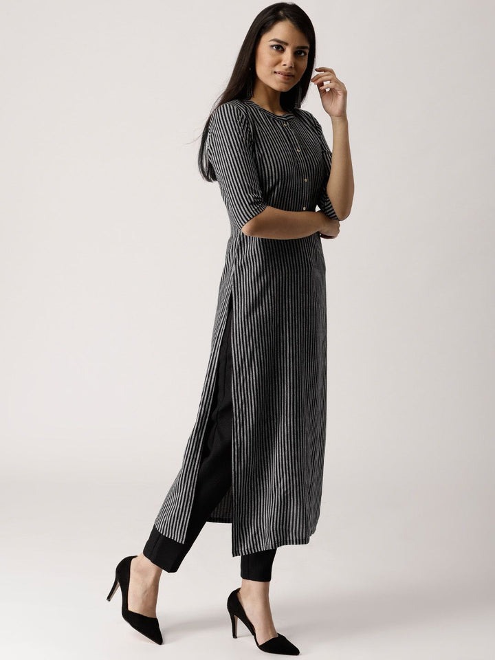 Libas Women Black & Grey Striped Straight Kurta