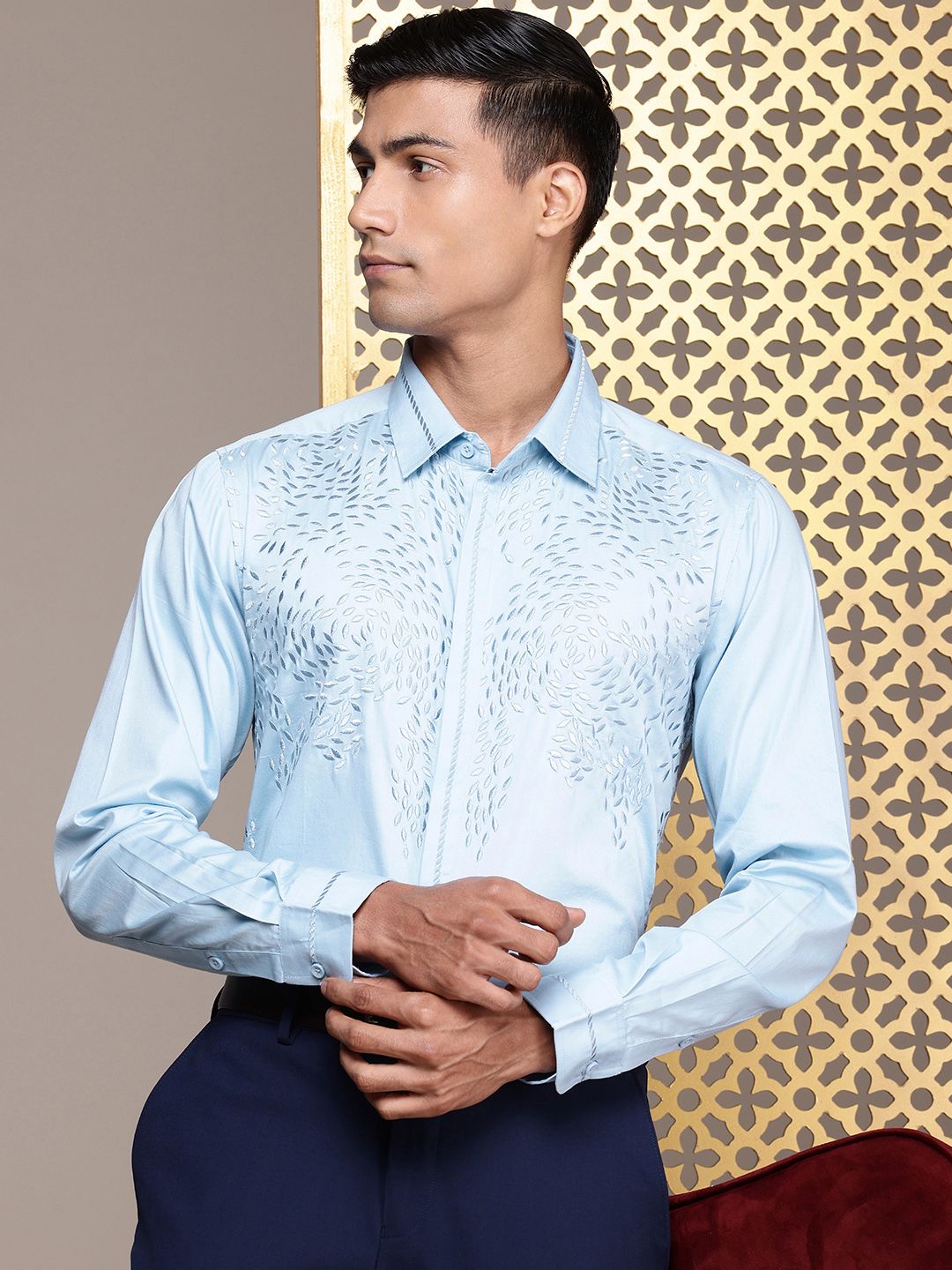 House of Pataudi Self Design Pure Cotton Opaque Party Shirt