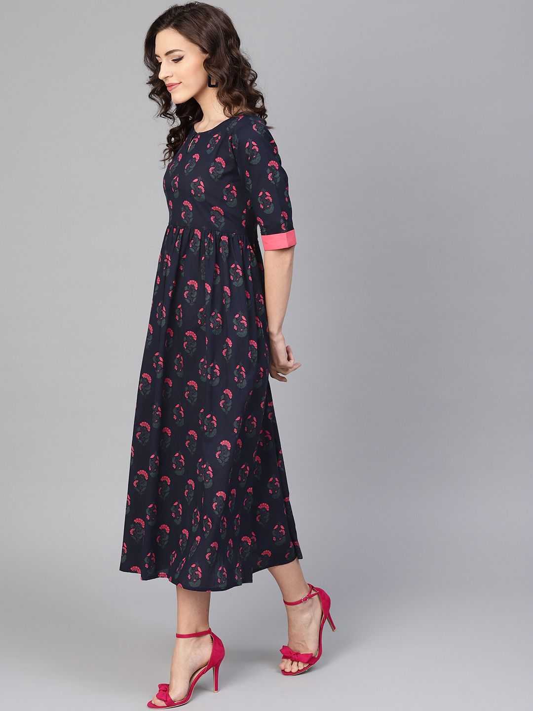 Gerua By Libas Women Navy Blue  Pink Printed Midi A-Line Dress