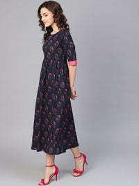 Gerua By Libas Women Navy Blue  Pink Printed Midi A-Line Dress