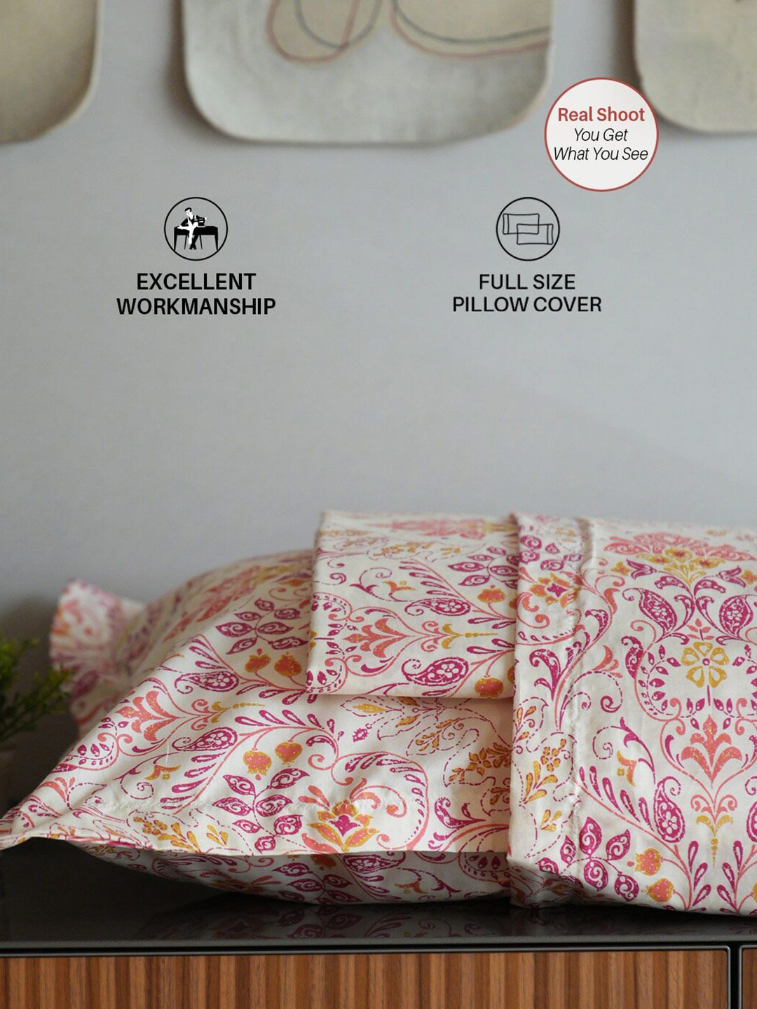URBAN SPACE Peach-Coloured Printed Cotton 200 TC Single Bedsheet With 2 Pillow Covers