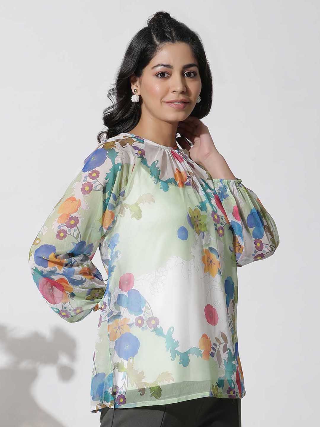 W Floral Printed Puffed Sleeves Pure Chiffon Top