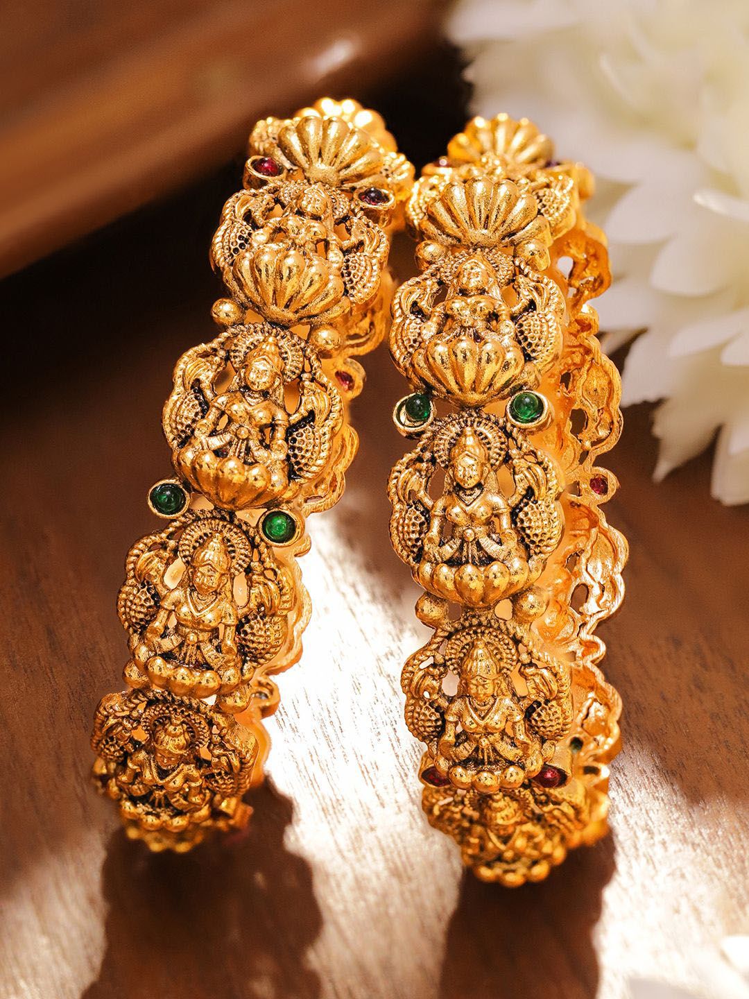 Rubans Set of 2 24K Gold-Plated Divine Lakshmi Temple Bangles with Ruby & Emerald Stones