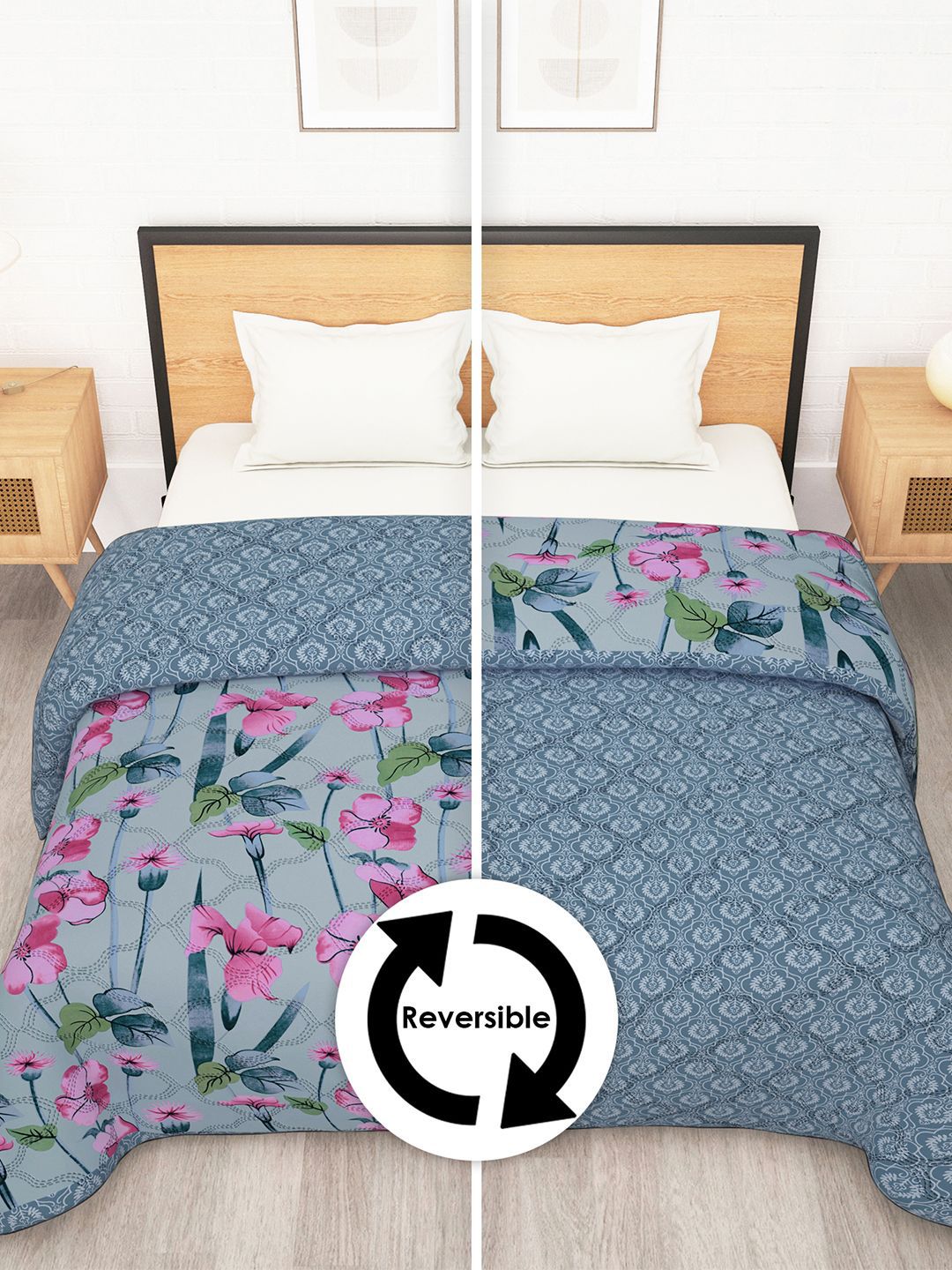 Story@home Blue & Pink Printed Reversible 120GSM AC Room Double Bed Comforter