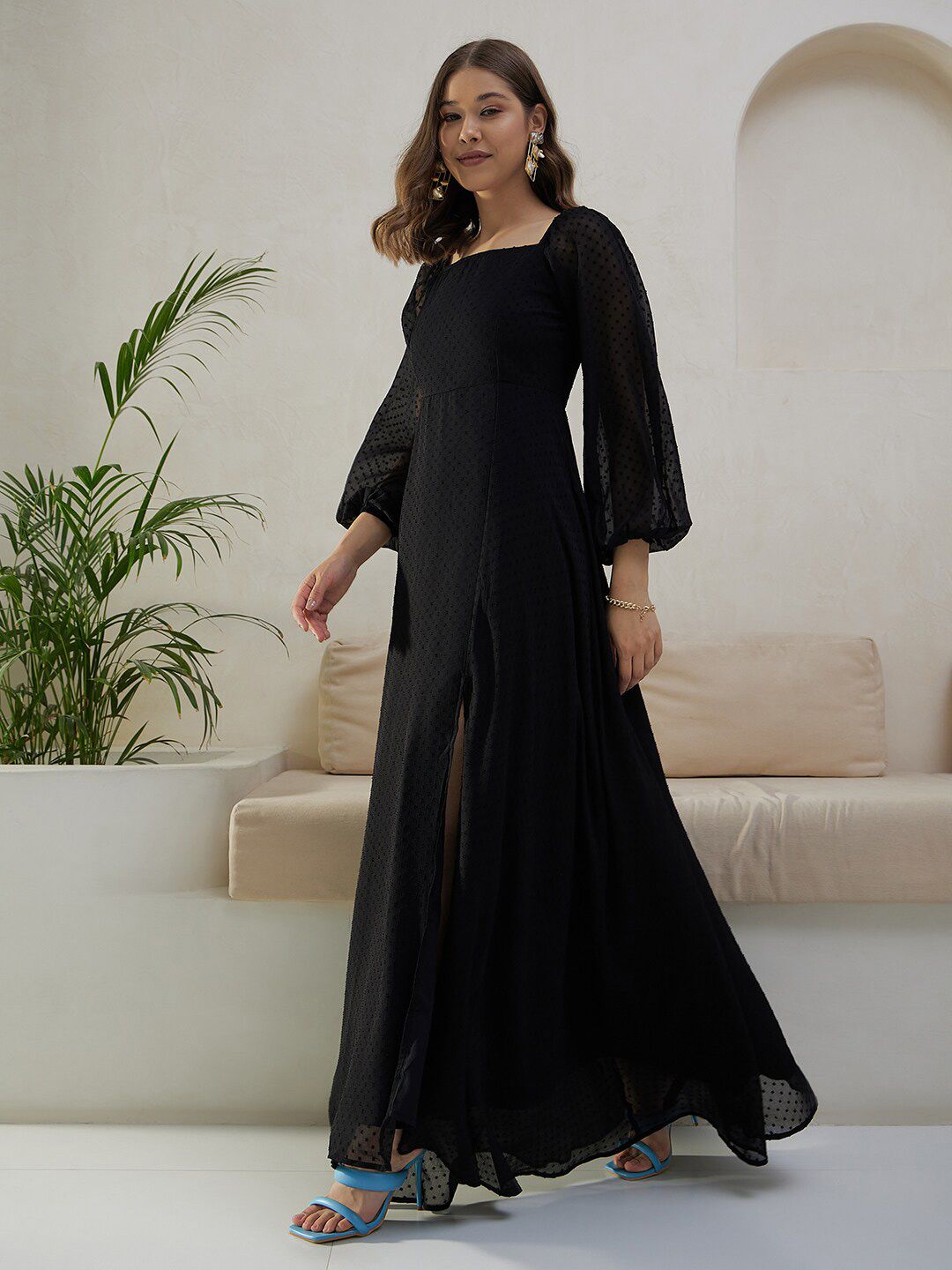 Berrylush Black Self Design Square Neck Puff Sleeves High Slit Maxi Dress