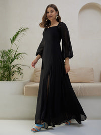 Berrylush Black Self Design Square Neck Puff Sleeves High Slit Maxi Dress
