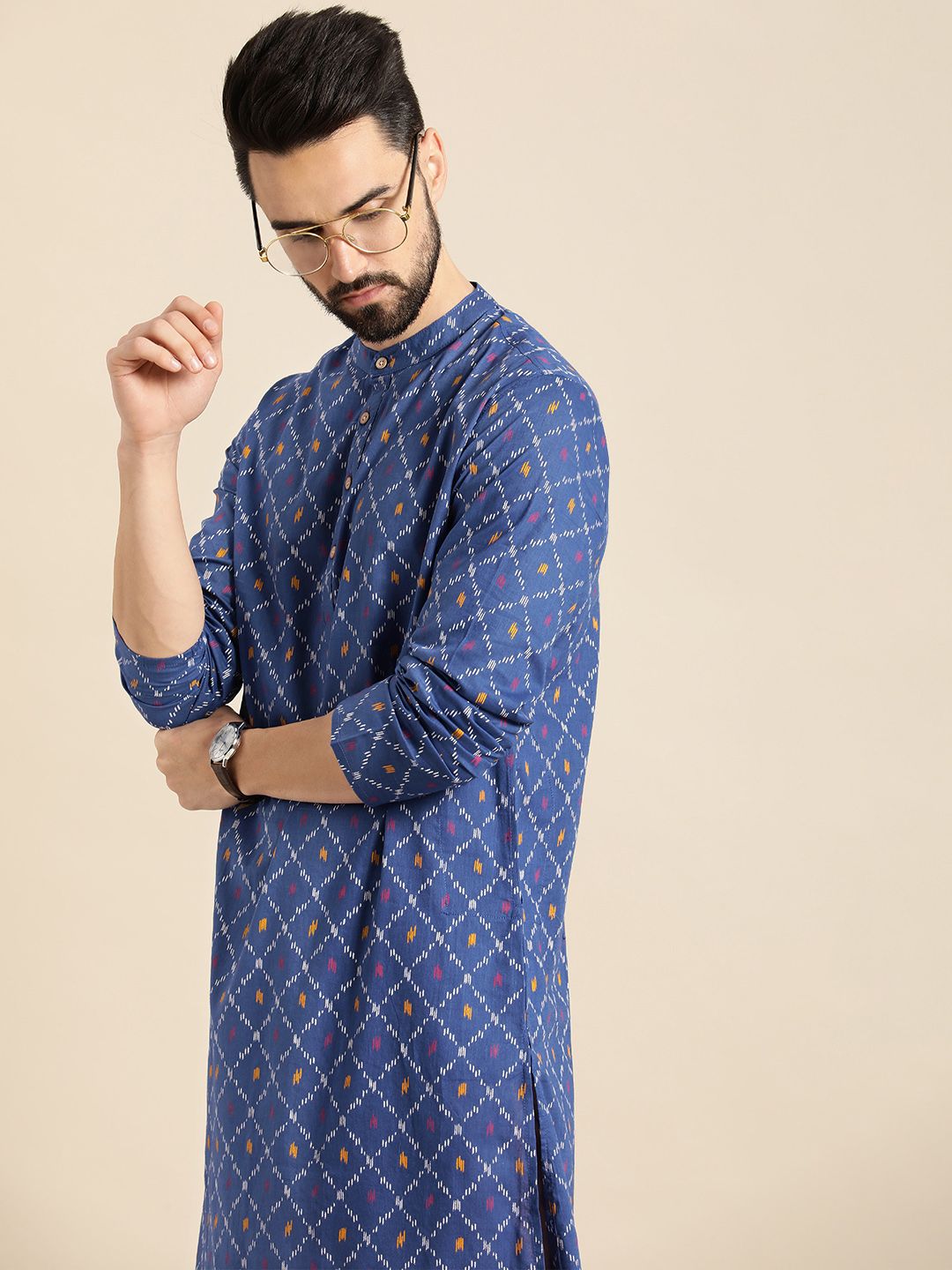 Anouk Men Blue & White Geometric Printed Kurta