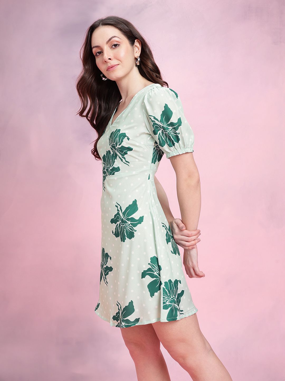 DressBerry Floral Print Puff Sleeves Wrap-Style Satin A-Line Dress
