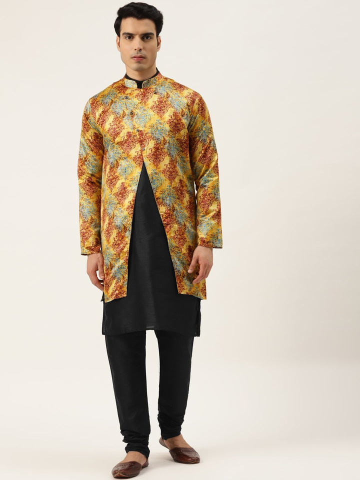 SOJANYA Men Black & Yellow Kurta with Churidar & Printed Jacket