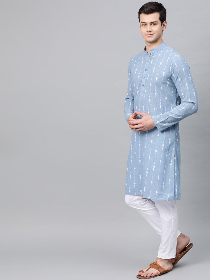 See Designs Men Blue & White Printed Straight Kurta