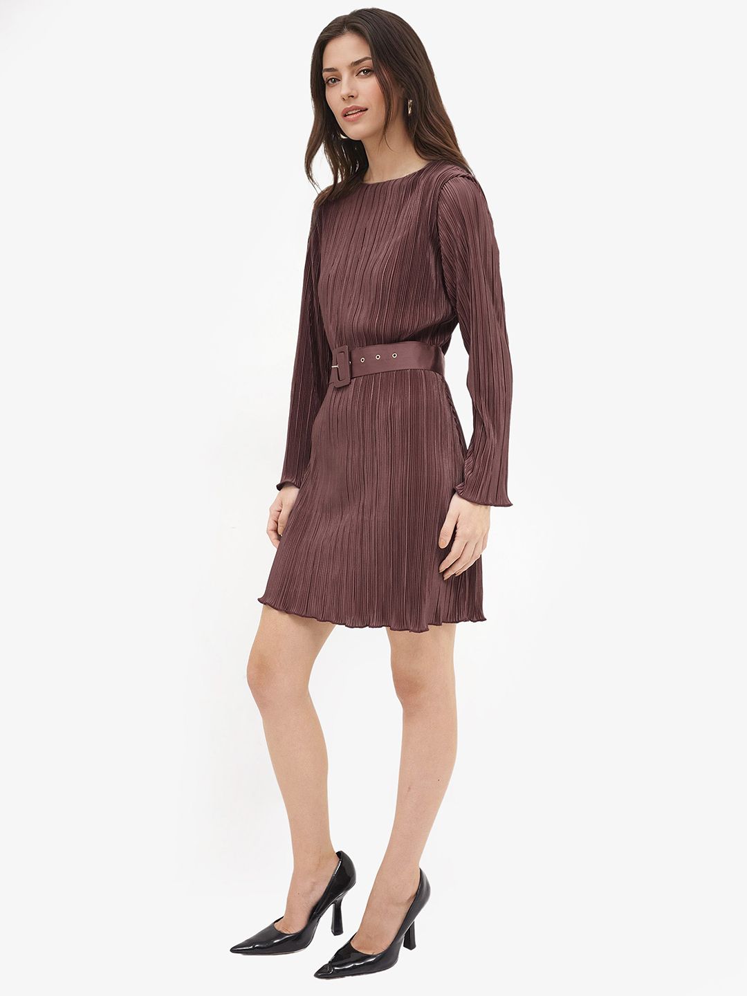 RAREISM Brown Self Design Long Sleeves A-Line Dress