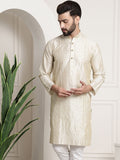 SOJANYA Men Off White & Golden Striped Straight Kurta