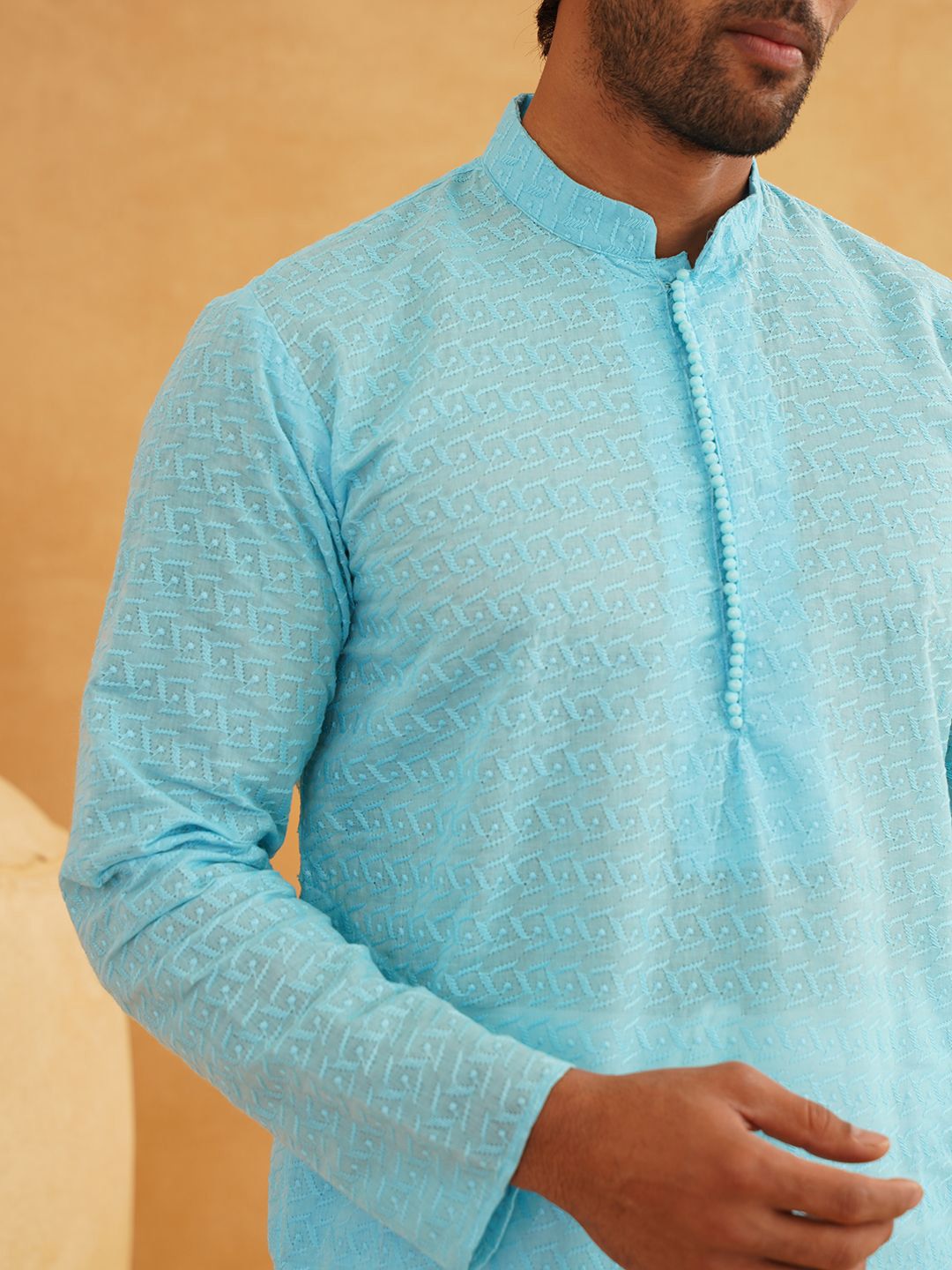 SOJANYA Kurta Lurus Kapas Tulen Bersulam Geometrik Biasa Dengan Churidar