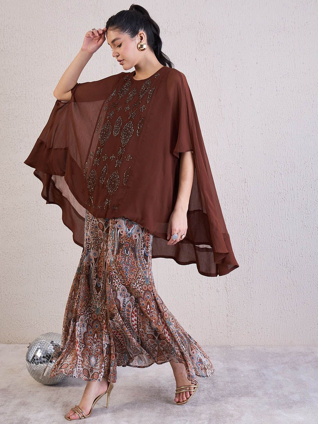 Antheaa Brown Embellished Round Neck Short Sleeves Top & Palazzos