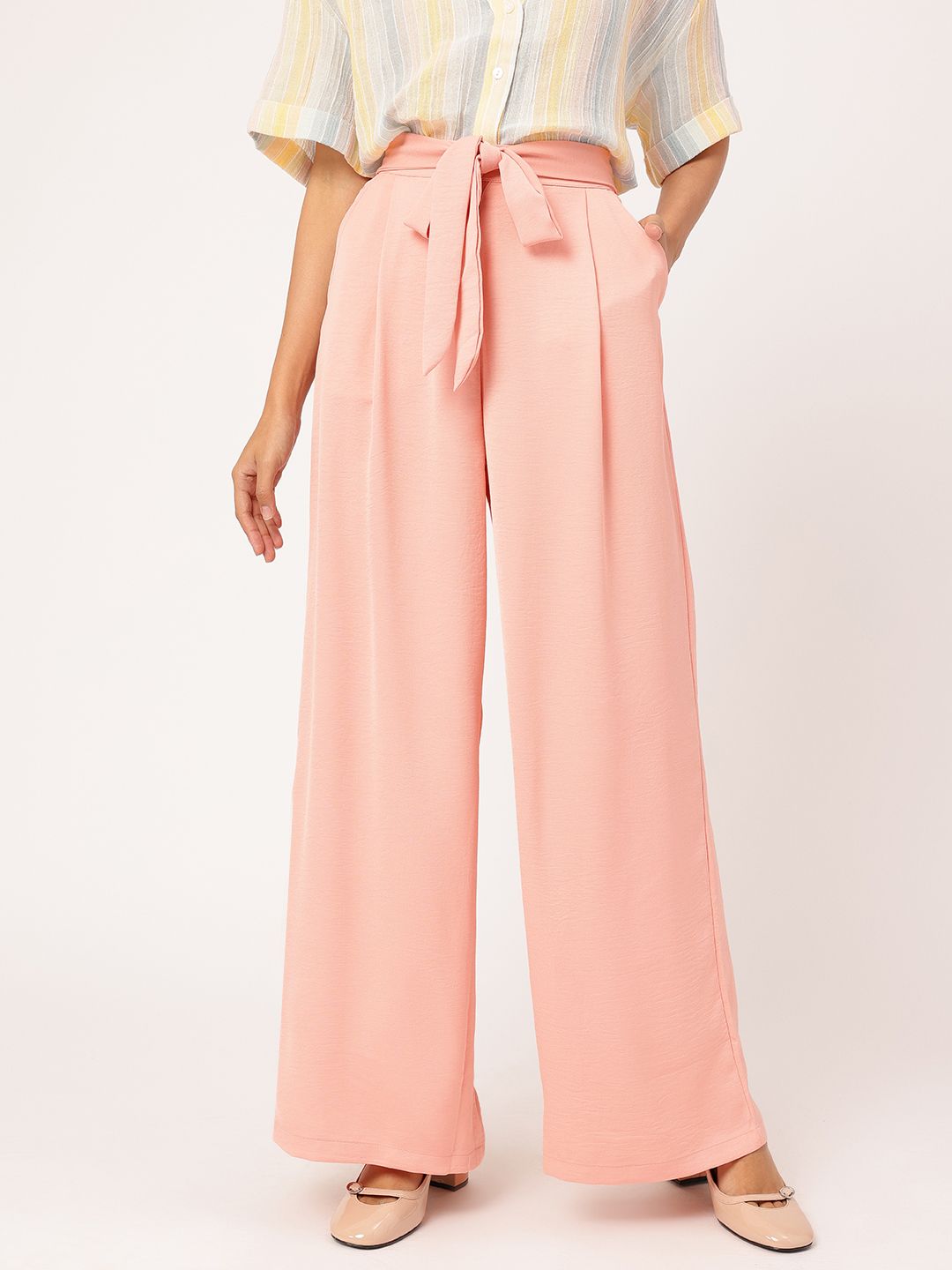 DressBerry Women High-Rise Pleated Belted Flared Trousers