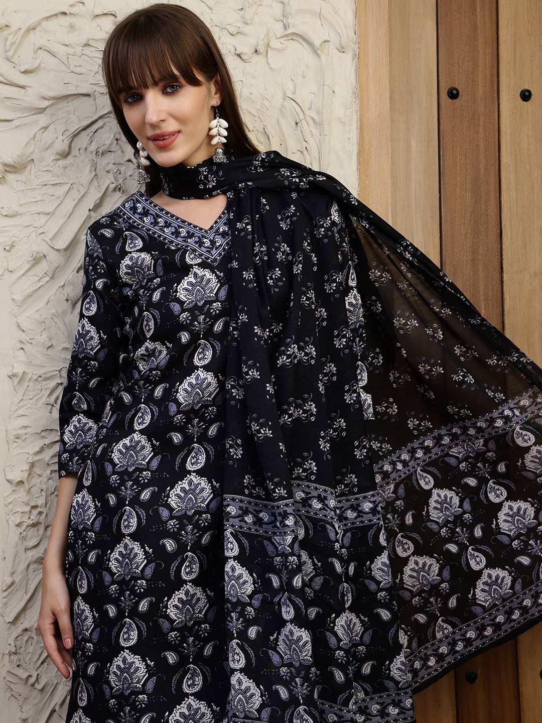 KALINI Floral Printed V-Neck Straight Kurta With Trousers And Dupatta