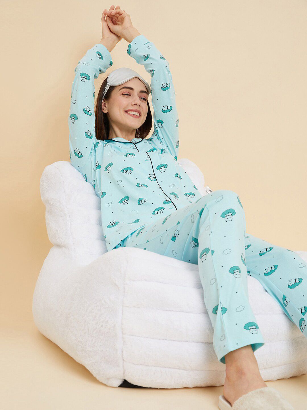Sweet Dreams Green & White Conversational Printed Pure Cotton Night suit