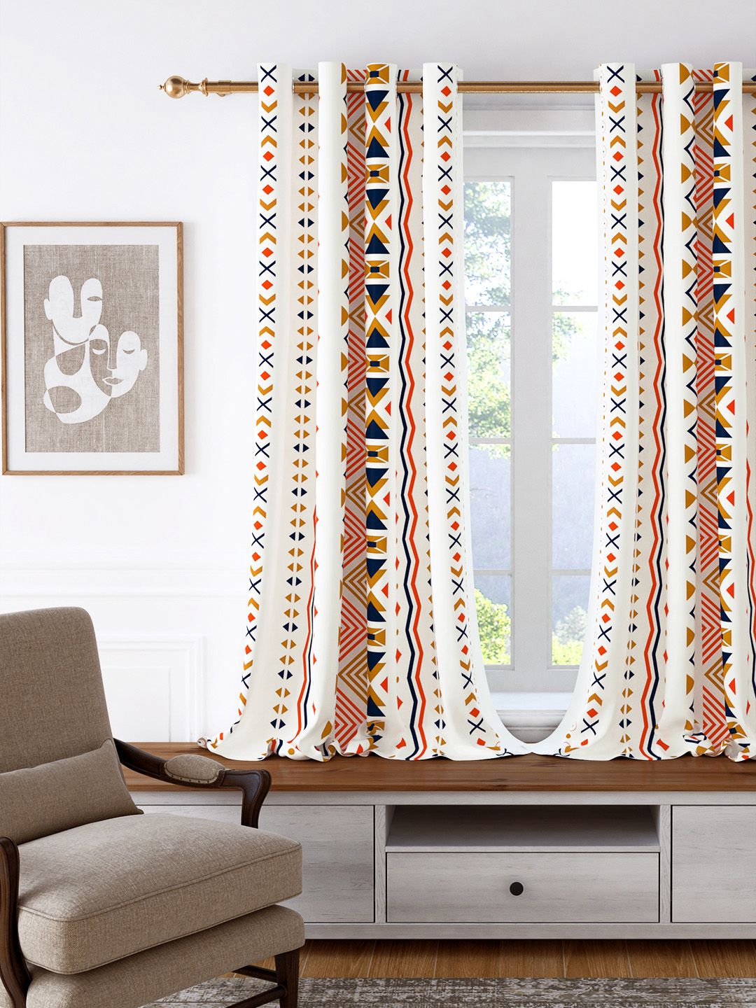 Story@home White & Orange Geometric Room Darkening Window Curtain ...