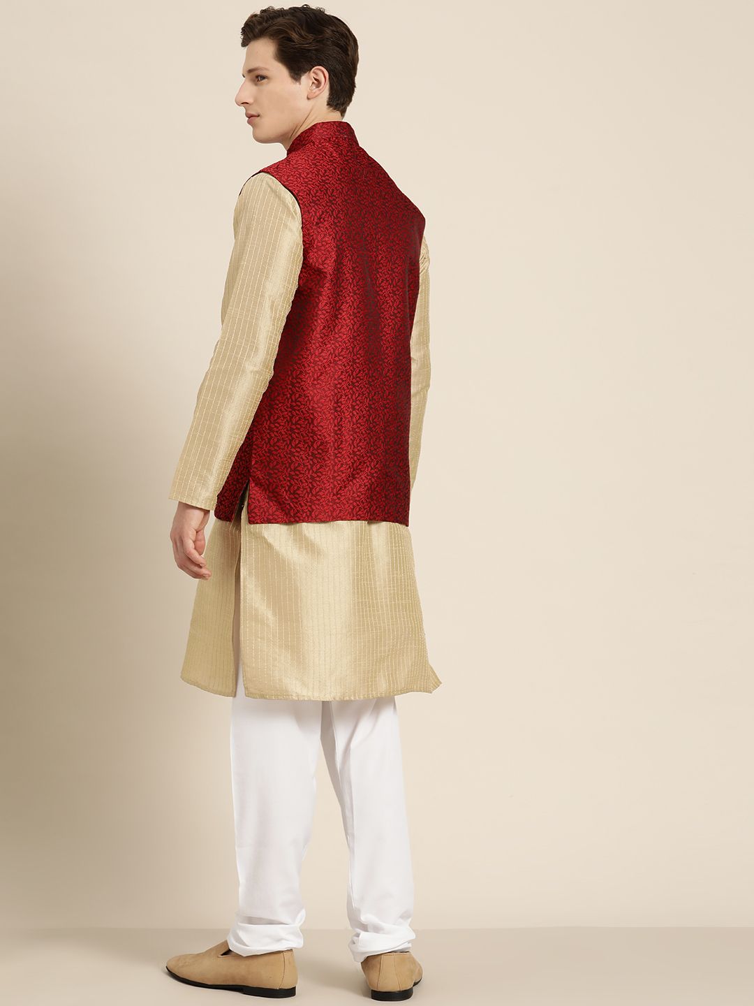 SOJANYA Kurta Belang Beige Lelaki dengan Piyama & Jaket Nehru