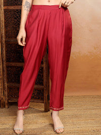 Vishudh Red Floral Embroidered Thread Work Straight Kurta With Trousers & Dupatta
