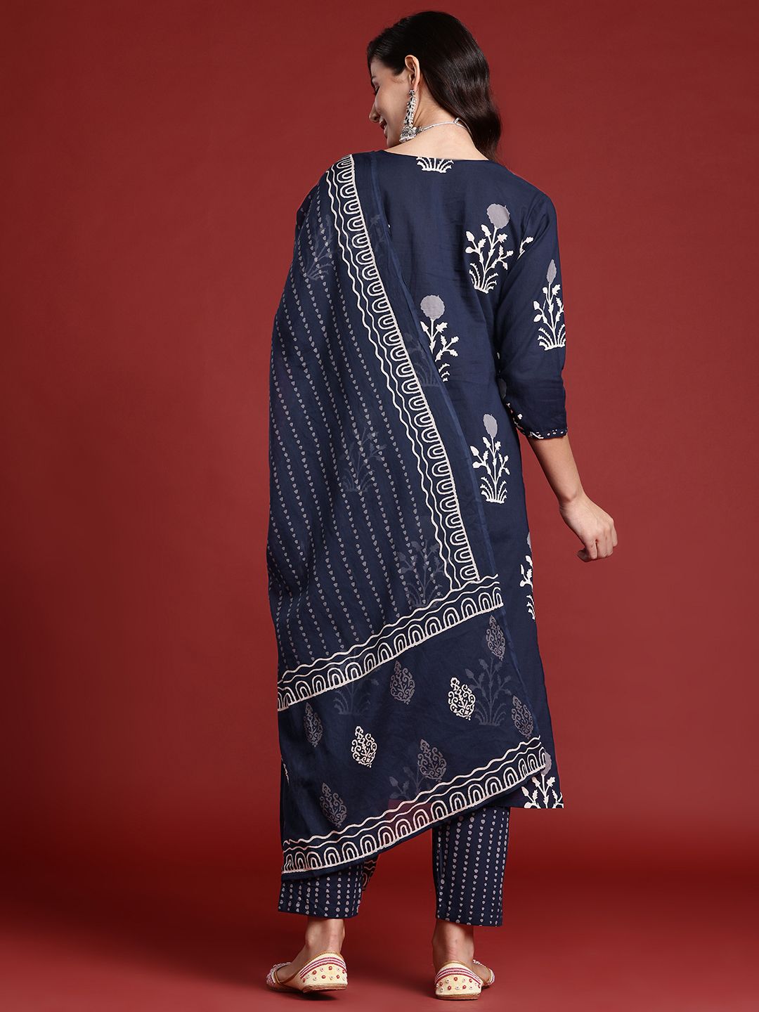 Indo Era Floral Printed Sequinned Pure Cotton Kurta With Trousers & Dupatta