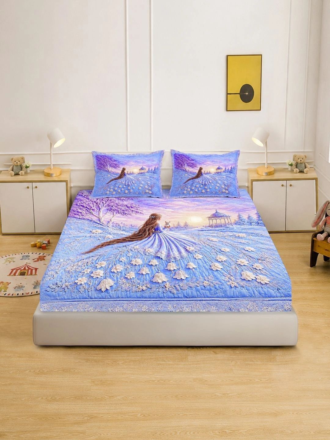 KLOTTHE Purple & Blue Floral 400 TC King Bedsheet with 2 Pillow Covers