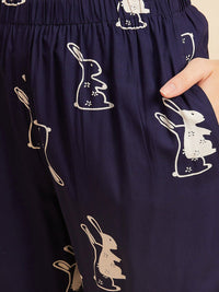 Sweet Dreams 3 Piece Navy Blue & White Conversational Printed Night suit