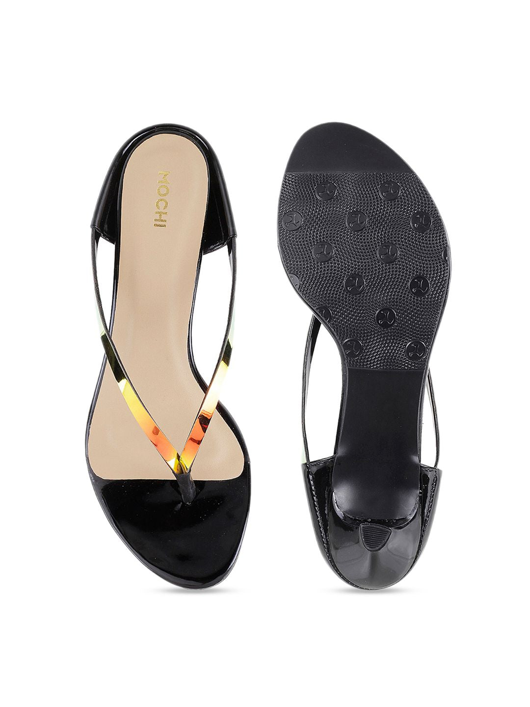 Mochi Women Gold-Toned & Black Solid Kitten Heels