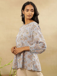 W Round Neck Floral Printed Cotton Peplum Top