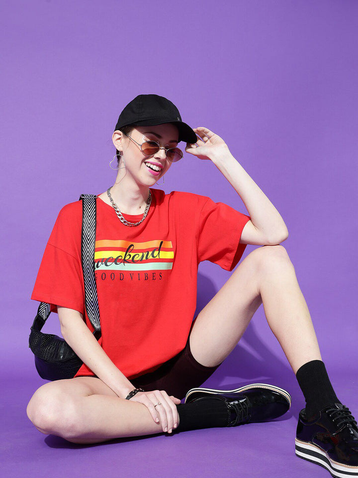 STREET 9 Women Red Typography Printed Pure Cotton Outdoor T-shirt